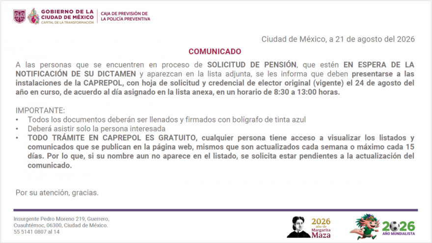 Comunicado para personas listadas con proceso de solicitud pensión presentarse 24 de agosto de 2026