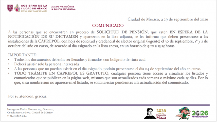 Personas listadas en proceso solicitud pensión acudir el 30 de septiembre, 1 y 2 de octubre de 2026