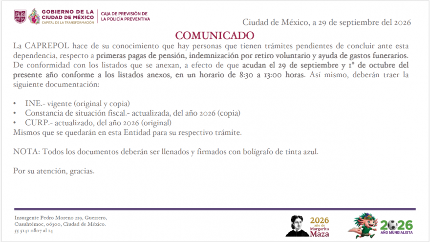 Personas listadas con trámites pendientes acudir 29 de septiembre y 1 de octubre de 2026
