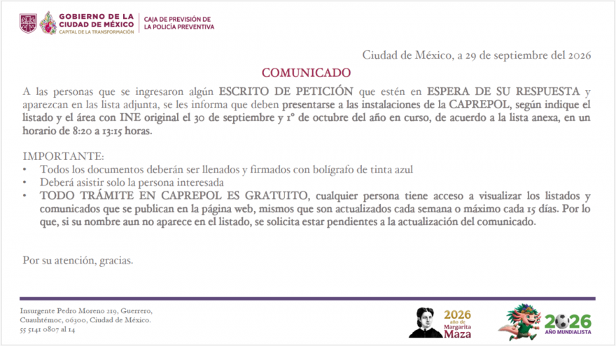 Personas listadas ingresaron escrito de petición presentarse 30 de septiembre y 1 de octubre de 2026